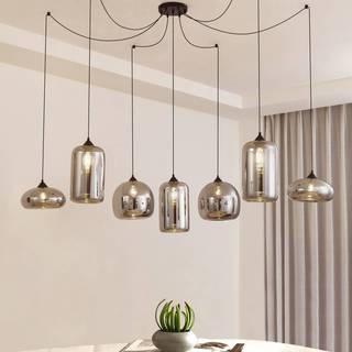Lindby hængelampe Marla, 7 lyskilder, glas, røgfarvet grå, 128 cm