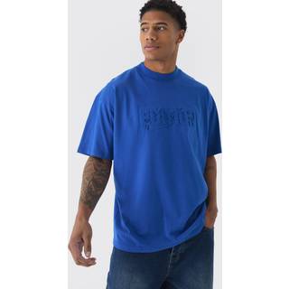 Mens Blue Oversized Extended Neck Limited Edition Embossed T-Shirt