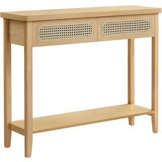 Konsolbord til Entre, Slankt Sofabord til Stue, Gangbord med 2 Skuffer, Åben Hylde, Afrundede Hjørner, Boho Stil, Eg Beige