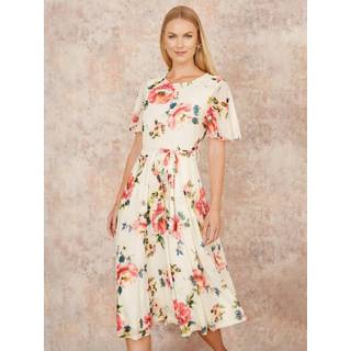 Yumi Yumi Cream Mesh Floral Print Midi Dress With Angel Sleeves