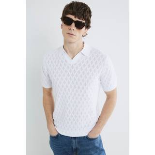 River Island River Island White Short Sleeve Textured Open Collar 100% Cotton Polo Shirt