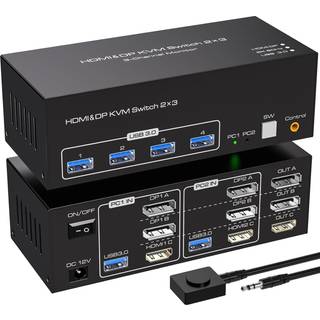 NÖRDIC KVM-switch 2 PC 3 skærme 8K60Hz 4K144Hz Triple skærm 2xDP 1xHDMI 4xUSB 3.0 porte