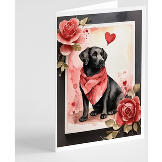 Caroline's Treasures DAC4489GCA7P Black Labrador Retriever Valentine Roses Helearing Cards Pakke med 8 blanke kort med konvolutter, finurlig A7 -