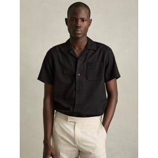 Reiss Reiss Black Nitus Herringbone Twill Cuban Collar Short Sleeve Shirt