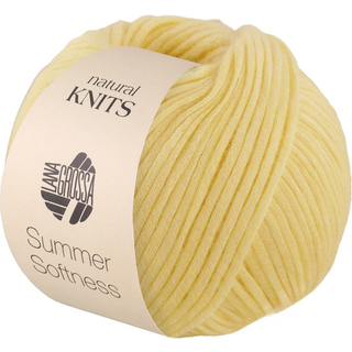 Lana Grossa Summer Softness 11 Gul Indhold:80% bomuld, 20% merinould Vægt/længde:50 g = ca. 130 meter Anbefalede pinde: 5.50-6.00 mm Strikkefasthed:10 x 10 cm = 17 m x 22 p Vask: Finvask max 30°C / Tørres fladt.