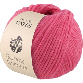 Lana Grossa Summer Softness 08 Pink Indhold:80% bomuld, 20% merinould Vægt/længde:50 g = ca. 130 meter Anbefalede pinde: 5.50-6.00 mm Strikkefasthed:10 x 10 cm = 17 m x 22 p Vask: Finvask max 30°C / Tørres fladt.