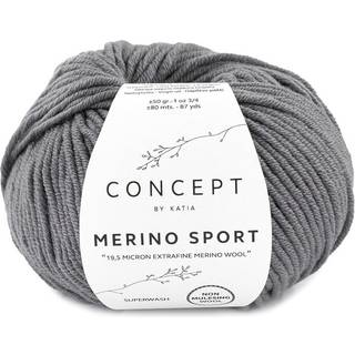 Katia Concept Merino Sport 011 Mørkegrå Indhold: 100% superwash merinould Vægt/længde: 50 g = ca. 80 meter Anbefalede pinde: 5-5.5 mm Strikkefasthed: 10 x 10 cm = 18 m x 24 p Vask: Finvask 30℃ / Kan tørretumbles.