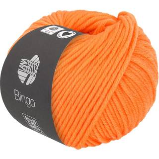 Lana Grossa Bingo 758 Mandarin Indhold:100% ren ny, ekstrafin merinould Vægt/Længde: 50 g = ca. 80 meter Anbefalede pinde: 4.5-5.5 mm Strikkefasthed: 10 x 10 cm = 16 m x 23 p Vask:Finvask 30º/ Tørres fladt.