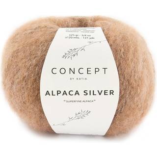 Katia Alpaca Silver 273 Lys brun-sølv Indhold:73% Alpaca, 20% polyamid, 7% polyester Vægt/længde:25 g = ca. 120 m Anbefalede pinde:4 - 4½ mm Strikkefasthed:10 cm x 10 cm = 19 m x 28 r Håndvask / Tørres fladt.