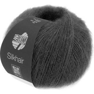 Lana Grossa Silkhair 183 Antracit Indhold: 70% mohair, 30% silke Vægt/Længde: 25 g = ca. 210 meter Anbefalede pinde: 4.50-5.00 mm Strikkefasthed: 10 x 10 cm = 22 m x 27 p Vask:Håndvask / Tørres fladt.