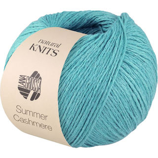 Lana Grossa Summer Cashmere 13 Turkis Indhold:90% bomuld, 10% kashmir Vægt/længde:50 gram = ca. 210 meter Anbefalede pinde:3.50 - 4.00 mm Strikkefasthed:10 x 10 cm = 23 m x 30 p Vask:Finvask op til 30°C / Tørres fladt.