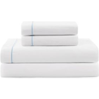 Tommy Hilfiger - Sheet Set Cotton Percale Bedding With Matching Pillowcases Crisp & Cool Solid Design med Hem Stripe (White/Blue Twin XL)