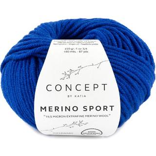 Katia Concept Merino Sport 040 Natblå Indhold: 100% superwash merinould Vægt/længde: 50 g = ca. 80 meter Anbefalede pinde: 5-5.5 mm Strikkefasthed: 10 x 10 cm = 18 m x 24 p Vask: Finvask 30℃ / Kan tørretumbles.