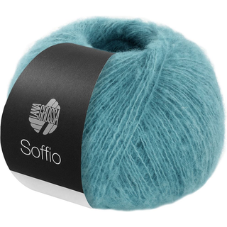 Lana Grossa Soffio 24 Turkisblå Indhold: 60% merinould, 30% bomuld, 10% cashmere Vægt/Længde: 25 g = ca. 215 meter Anbefalede pinde: 3.5-4 mm Strikkefasthed: 10 x 10 cm = 29 m x 35 p Vask: Håndvask / Tørres fladt.