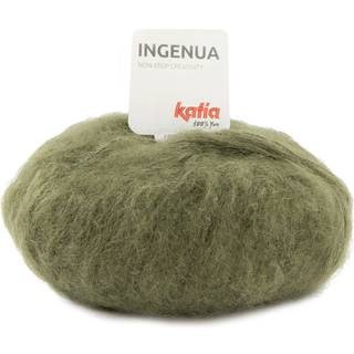 Katia Ingenua 83 Brungøn Indhold:78% mohair, 13% polyamid, 9% merinould Vægt/længde:50 g = 140 meter Anbefalede pinde:5-5.5mm Strikkefasthed:10 cm x 10 cm = 16 m x 20 r Vask:Finvask 30º / Tåler ikke tørretumbling.