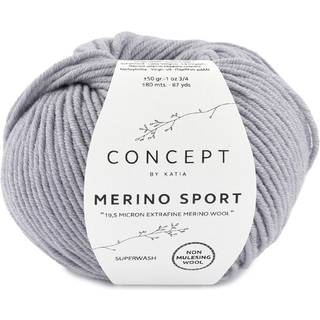 Katia Concept Merino Sport 400 Lys grå Indhold: 100% superwash merinould Vægt/længde: 50 g = ca. 80 meter Anbefalede pinde: 5-5.5 mm Strikkefasthed: 10 x 10 cm = 18 m x 24 p Vask: Finvask 30℃ / Kan tørretumbles.