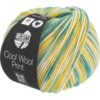 Lana Grossa Cool Wool Print 832 Ecru/Vanilje/Turkis/Petroleum Indhold:100% ren ny, ekstrafin merinould Vægt/Længde: 50 g = ca. 160 meter Anbefalede pinde: 3-3.5 mm Strikkefasthed: 10 x 10 cm = 24 m x 34 p Vask:Finvask 30º/ Tørres fladt.