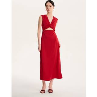 Omnes Omnes Red Marin V-Neck Front Twist Satin Midi Dress
