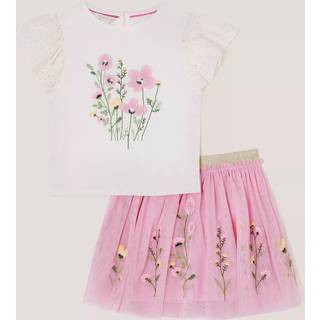 Monsoon Monsoon Pink Floral Embroidered 100% Cotton T-Shirt and Tulle Skirt Set