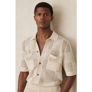 Reiss Reiss Taupe/Off White Alfred Cotton Chequerboard Crochet Shirt