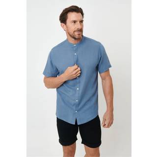 Threadbare Threadbare Light Blue Grandad Collar Linen Blend Short Sleeve Shirt