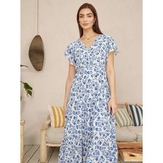 Yumi Blomster trykt Broderi Anglaise Rynket talje Midi 100% Bomuld KjoleEU 36 (UK 8)
