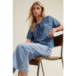 M & Co M & Co Blue Petite Acid Wash Boho Top