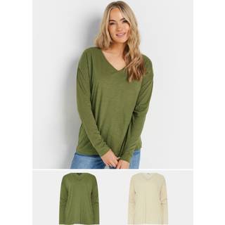 Lts Tall 2 Pack Stone Brown & Green Long Sleeve Tshirts Size 14