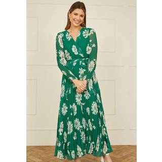 Yumi Yumi Green Floral Print Pleated Wrap Long Sleeve Dress
