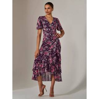 Jolie Moi Jolie Moi Purple Mesh Print Frill Hem Midaxi Dress - EU 46 (UK 18)