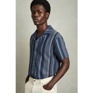 Reiss Reiss Navy Archer Aztec-Stripe Cuban-Collar Shirt