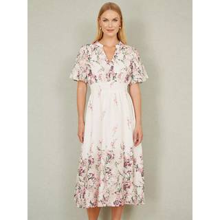 Yumi Yumi Cream Mirrored Floral Button Up Midi Dress With Ruched Waist