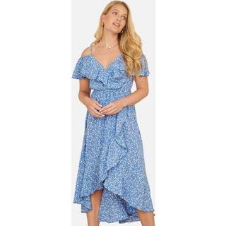 Yumi Yumi Blue Printed Bardot Midi Dress With Dip Hem