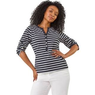 Roman Roman Blue Petite Stripe V-Neck Button 100% Cotton Top