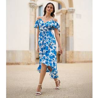 Yumi Yumi Printed Bardot Midi Kjole Med Dyb Kant