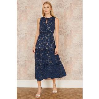 Yumi Yumi Blue Foil Print Ruched Waist Midi Dress With Tie Notch