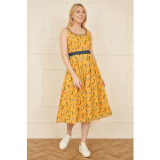 Yumi Yumi Yellow Floral Print Skater 100% Cotton Dress With Denim Trims