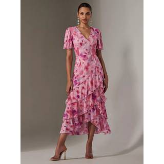 Jolie Moi Jolie Moi Pink Mesh Print Frill Hem Midaxi Dress - 14