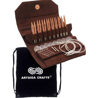 Lykke Cypra 3,5-tommer (9 cm) Udskiftelig cirkulær strikningsnål Poleret kobber USA Størrelser 3 4 5 6 7 8 9 10 & 10.5 Brun vegansk ruskind Bundt