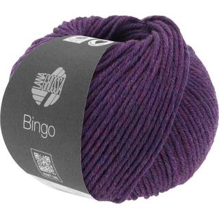 Lana Grossa Bingo 1004 Mørkelilla meleret Indhold:100% ren ny, ekstrafin merinould Vægt/Længde: 50 g = ca. 80 meter Anbefalede pinde: 4.5-5.5 mm Strikkefasthed: 10 x 10 cm = 16 m x 23 p Vask:Finvask 30º/ Tørres fladt.