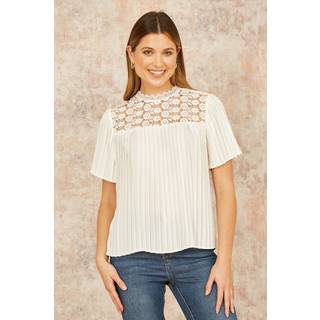 Yumi Yumi White Lace Panel Pleated Short Sleeve Top