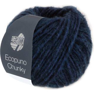 Lana Grossa Ecopuno Chunky 132 Natblå Indhold: 48% bomuld, 33% ren ny merinould, 19% baby alpaca Vægt/Længde: 50 g = ca. 70 meter Anbefalede pinde: 7-8 mm Strikkefasthed: 10 x 10 cm = 13 m x 17 p Vask:Håndvask / Tørres fladt.