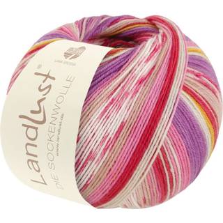 Lana Grossa Landlust Die Sockenwolle 315 Striber/Jacquard Indhold: 80% ren, ny merinould, 20% polyamid Vægt/længde: 100 g = ca. 420 meter Anbefalede pinde: 2.50-3.00 mm Strikkefasthed: 10 x 10 cm = 28 m x 40 p Vask: Finvask 40℃ / Kan tørretumbles.