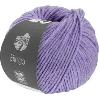 Lana Grossa Bingo 1035 Lilla meleret Indhold:100% ren ny, ekstrafin merinould Vægt/Længde: 50 g = ca. 80 meter Anbefalede pinde: 4.5-5.5 mm Strikkefasthed: 10 x 10 cm = 16 m x 23 p Vask:Finvask 30º/ Tørres fladt.