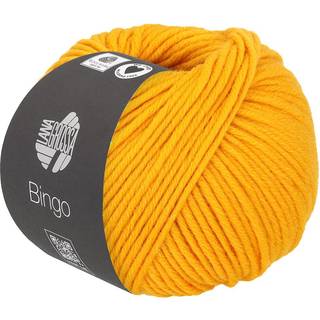 Lana Grossa Bingo 762 Majsgul Indhold:100% ren ny, ekstrafin merinould Vægt/Længde: 50 g = ca. 80 meter Anbefalede pinde: 4.5-5.5 mm Strikkefasthed: 10 x 10 cm = 16 m x 23 p Vask:Finvask 30º/ Tørres fladt.