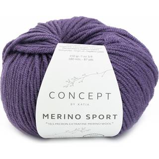 Katia Concept Merino Sport 071 Mørk violet Indhold: 100% superwash merinould Vægt/længde: 50 g = ca. 80 meter Anbefalede pinde: 5-5.5 mm Strikkefasthed: 10 x 10 cm = 18 m x 24 p Vask: Finvask 30℃ / Kan tørretumbles.