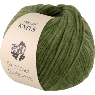 Lana Grossa Summer Softness 14 Bladgrøn Indhold:80% bomuld, 20% merinould Vægt/længde:50 g = ca. 130 meter Anbefalede pinde: 5.50-6.00 mm Strikkefasthed:10 x 10 cm = 17 m x 22 p Vask: Finvask max 30°C / Tørres fladt.