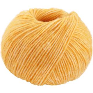 Lana Grossa Natural Alpaca Pelo 28 Æggeblommegul meleret Indhold: 63% bomuld, 31% baby alpaca, 6% ren ny merinould Vægt/Længde: 50 g = ca. 125 meter Anbefalede pinde: 5-6 mm Strikkefasthed: 10 x 10 cm = 17 m x 24 p Vask:Håndvask / Tørres fladt.