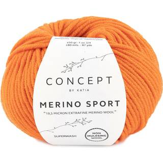Katia Concept Merino Sport 067 Orange Indhold: 100% superwash merinould Vægt/længde: 50 g = ca. 80 meter Anbefalede pinde: 5-5.5 mm Strikkefasthed: 10 x 10 cm = 18 m x 24 p Vask: Finvask 30℃ / Kan tørretumbles.
