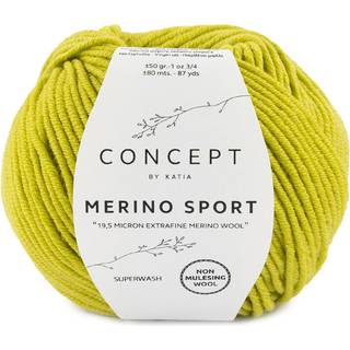 Katia Concept Merino Sport 057 Pistacie Indhold: 100% superwash merinould Vægt/længde: 50 g = ca. 80 meter Anbefalede pinde: 5-5.5 mm Strikkefasthed: 10 x 10 cm = 18 m x 24 p Vask: Finvask 30℃ / Kan tørretumbles.